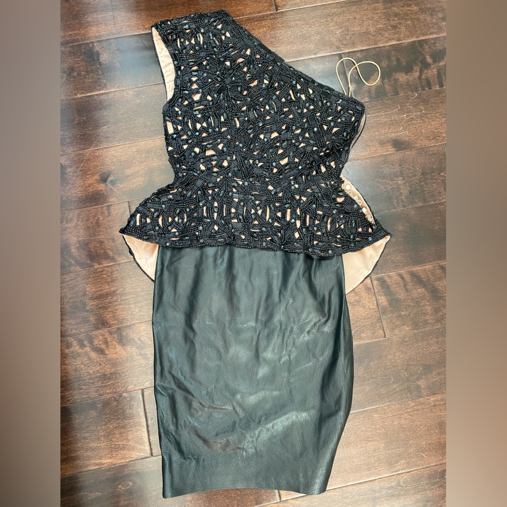 Heavy Embroidered Black Beaded One Shoulder & Perforated Leather Cocktail Dress